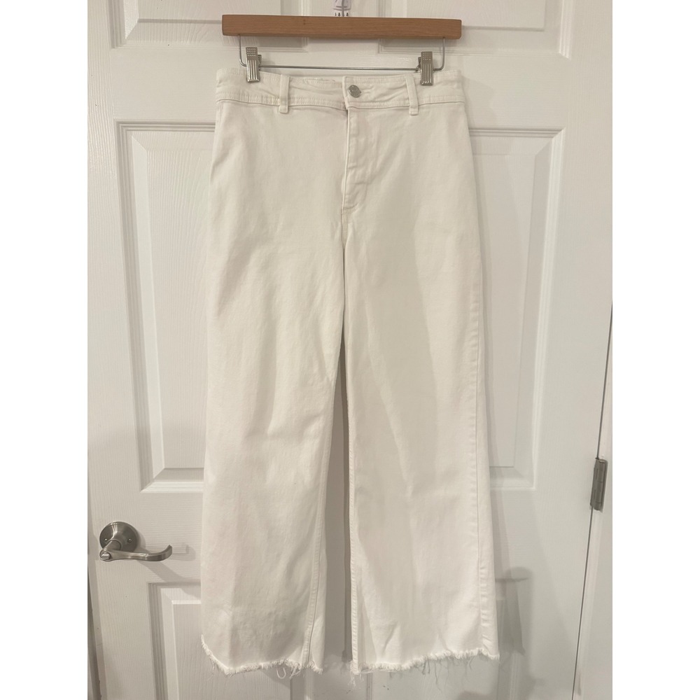 Mango MNG Catherine White Wide Leg Raw Hem Jeans High Rise Size 8